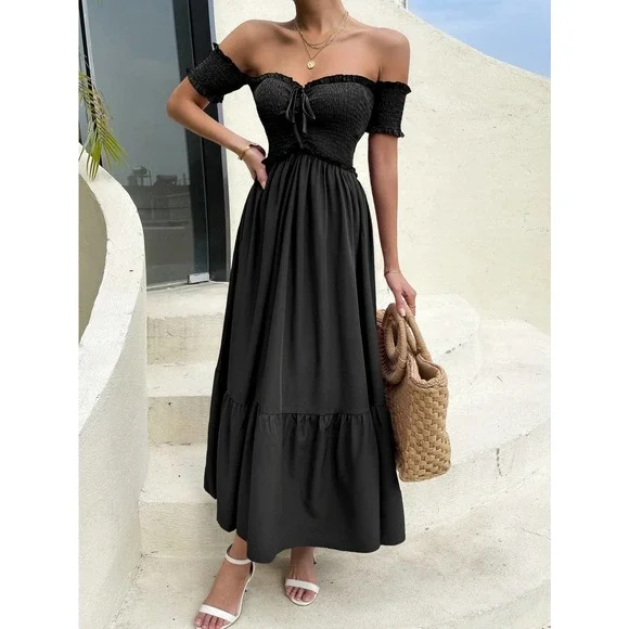 Off the Shoulder Shirred Bodice Ruffle Hem maxi Dress boho black - Picture 5 of 6